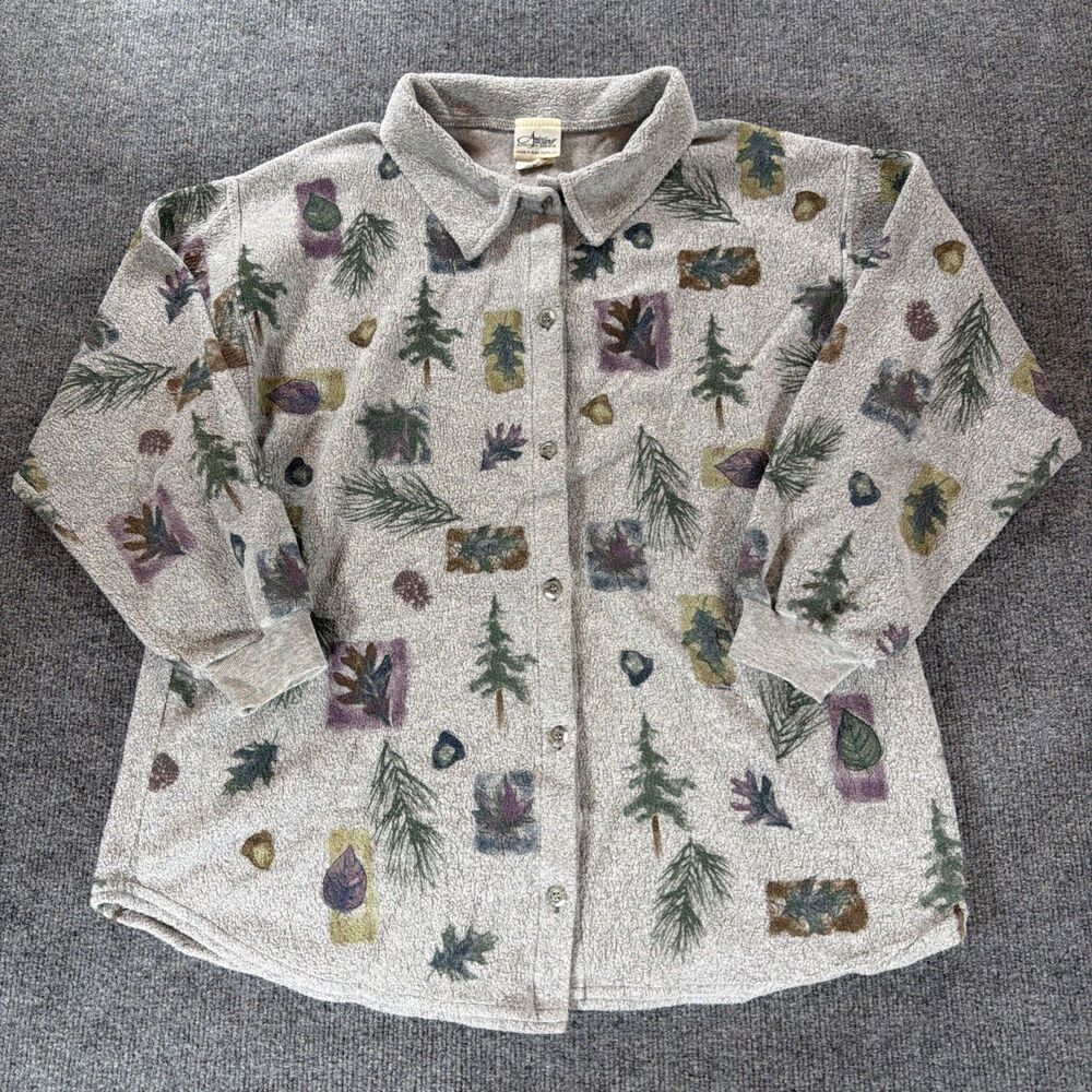 Artisans Sunchein Designs Fleece Button Down XL Gray Botanical Print USA 90s